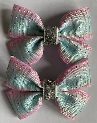 2 Lovely Girls Pink/Mint Green/ Silver Handmade Ribbon Hair Bows /Clasps / Clips • £3.99