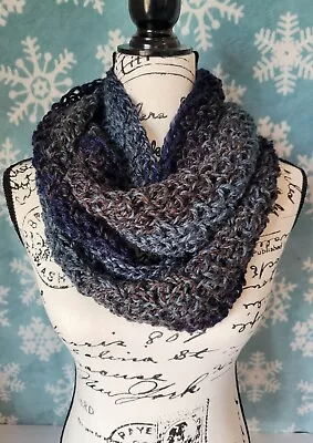 Handmade Crochet Infinity Scarf Double Wrap Cowl Navy Blue & Brown • £33.75