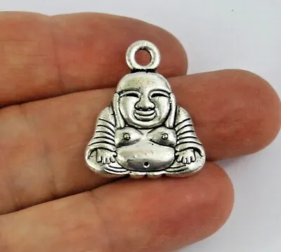 Antique Silver Tone Laughing BUDDHA Budda Charm - Pendant Crafts Cards Jewellery • £2.37
