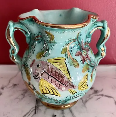 VTG Monaco Cerart Signed Fish Urn Shaped Vase French Majolica Teal With Gold EUC • $65