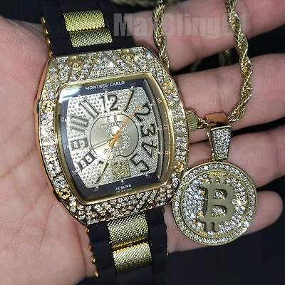 Men's Hip Hop Jewelry Gold Pt Bitcoin Silicone Band Watch & Iced Necklace Set • $12.99
