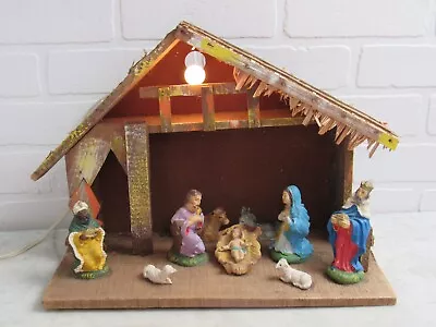 Vintage 50's 60's Creche NATIVITY WOOD LIGHTED  MANGER  FIGURES • $28