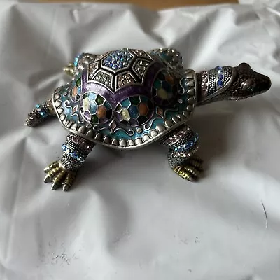 Vintage Turtle Trinket Treasure Box Crystal & Enamel Hinge Magnetic • $18