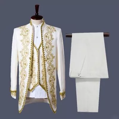 Mens 3PC White Gold Embroidery Suits Groom Tuxedos Wedding Party Coat Pants Vest • $77.87