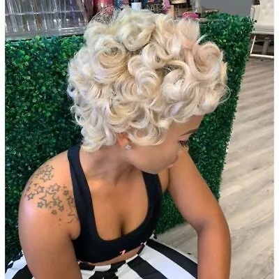 White Blonde Short Curly Pixie Cut Wigs For Women Afro Blonde Wigs None Lace Wig • $18.79