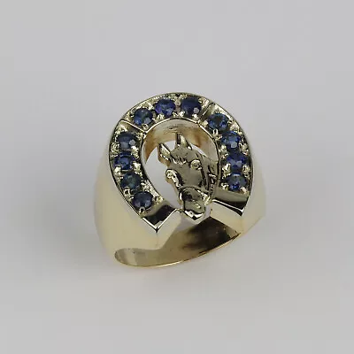 Vintage 14k Yellow Gold Sapphire Horse/Horseshoe Mens Pinky Ring Size 6.75 • $699