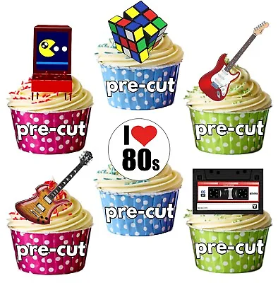PRECUT 1980 80's Retro Party Themed Edible Cupcake Toppers Cake Decorations • £6.75