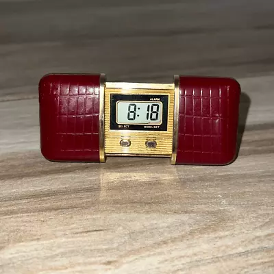 Miniature Digital Clock Red Leather Case Gold Tone Trim New Battery • $16