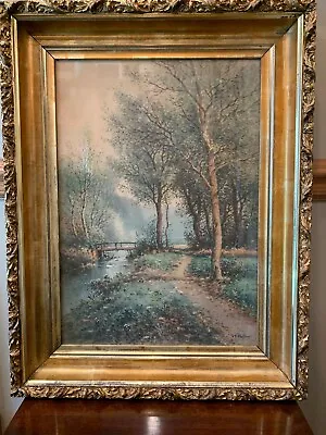 Antique Watercolor C1900 G.E. Colby Orig Frame /  Wavy  Glass Forest Path Stream • $250