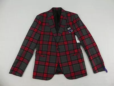 J Ferrar Sport Coat Mens Medium 38/40 Short Super Slim Red Gray Tartan Plaid • $39.99