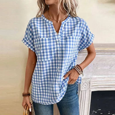 UK Women V Neck Short Sleeve Tops T-shirt Check Plaid Casual Loose Shirt Blouse • £16.99