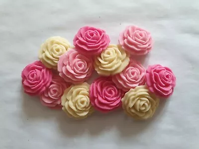 12 MIXED COLOUR ROSES 18mm - EDIBLE SUGAR WEDDING CAKE DECORATIONS / TOPPERS • £3.50