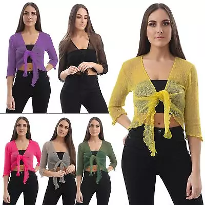 Womens Tie Up Open Front Shrug Ladies Knitted Cropped Bolero Short Cardigan Top • £9.49