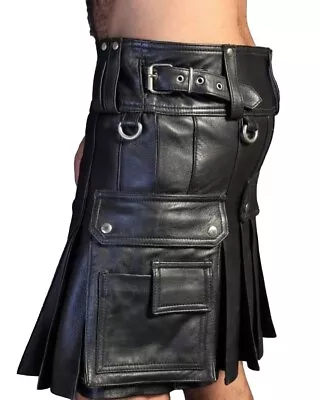 Men's Black Kilt With Black Goat Leather Straps Utility Kilt For Modern Warriors • $90