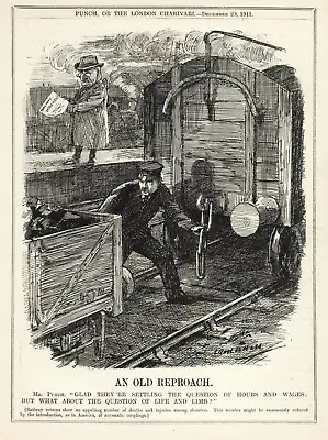 RARE 1911 British Cartoon - RAILWAY SAFETY - Automatic Couplings - Technology • $11.95