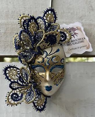 Mini Wall Mask Ornament Venice Italy La Maschera Del Galeone Blue Gold Lace COA • $39.97