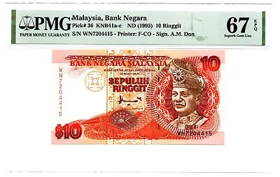 Malaysia: Bank Negara 10 Ringgit ND (1995) Pick 36. PMG Superb Gem Unc 67 EPQ ! • $28.88