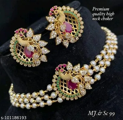 Indian Bollywood Bridal Set Gold Plated Jewelry Earrings CZ Ethnic AD Necklace • $16.73