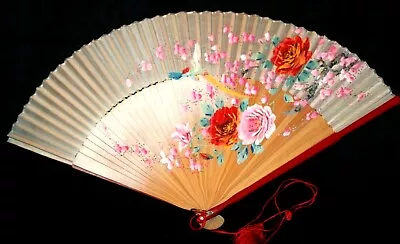 Vintage! Made In Japan Hand Painted Flowers Bamboo Wooden Handle Hand Fan  • $20.99