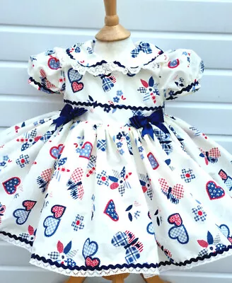 DREAM 0-8 Years BABY GIRLS Cream Navy Red Hearts Traditional Romany Twirly Dress • £26.99