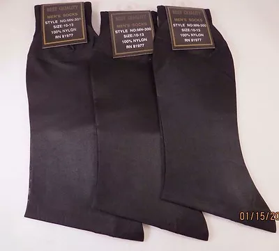 Mens SHEER Dress Socks 3PK 100% Nylon Mid Calf BLACK Size 10-13 Thin • $23.52