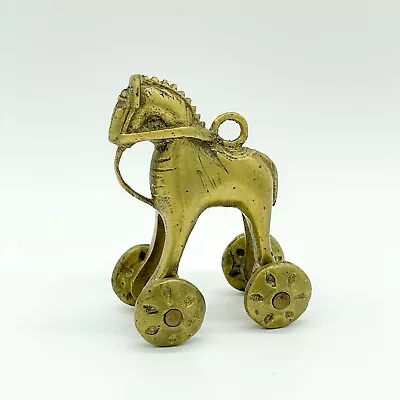 Vintage Brass India Temple Devotional Toy Rolling Pull Horse On Wheels Trojan • $29.50