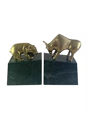 Wall Street Bear Bull Brass Bookends Stock Market Exchange Green Marble Base ROC • $49