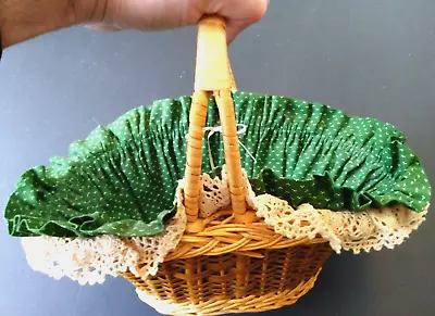 Vintage Handmade Wicker Basket Cloth Doile Doily Ribbon Green Woven Handle • $14.44