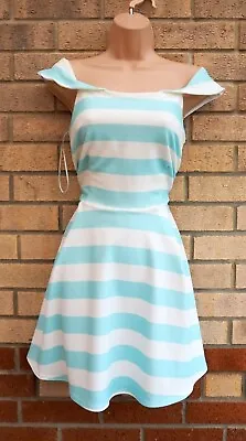 New Look White Mint Green Bardot Short Sleeve Striped Skater Prom Party Dress 14 • £17.99