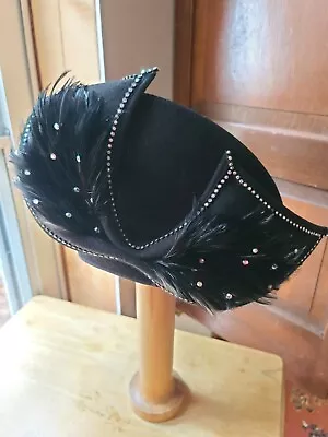 VTG Mr. John Wool Church Hat Derby Black FEATHERS RHINESTONES Tilt Hat Glamorous • $69.99