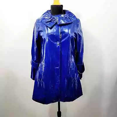 Vintage George Simonton Cobalt PU Patent Leather Short Trench Raincoat Size XS • $33.96