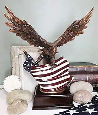 Ebros Bald Eagle With American Flag Bronze Electroplated Figurine With Base • $92.99