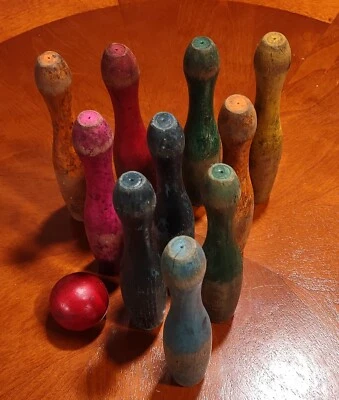 $9.99 • Buy Vintage Colorful Wooden Toy Bowling Skittles 10 Pin Set Game W/ 1 Wood Ball