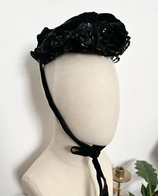 Antique 1800s Victorian Black Velvet Bonnet With Sequins And Ribbon Details • $165