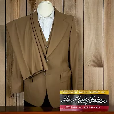 Vintage 1970s Montgomery Ward 3 Piece Suit Mens 38L 32x33 Light Brown Tan • $130