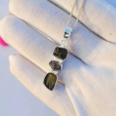 925 Sterling Silver Herkimer & Moldavite Pendant Multi Rough Pandant For Women • $51.99