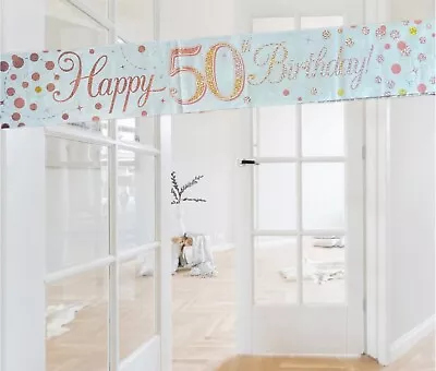  White & Rose Gold Happy 50th Birthday 9ft Foil Banner. 50th Party Decorations  • £2.75