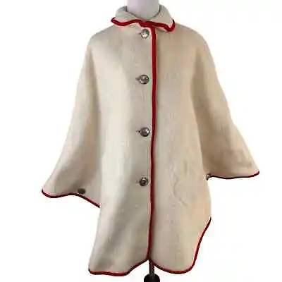 Vintage Women's Max Hurni Cream And Red Wool Coat Cape Poncho • $79