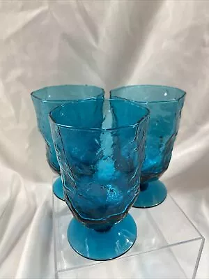 Blue Seneca Driftwood Crinkle Footed Goblet Glass Vintage Mid-Century Set 3 Teal • $23