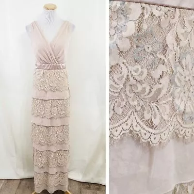 Marina Tiered Lace Maci Drrss Formal Gown Tan Silver Size 14 • $60