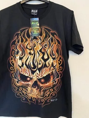 Wild Unisex Skull With Flames Of Fire T Shirt  Size M Glow In The Dark • £12.99