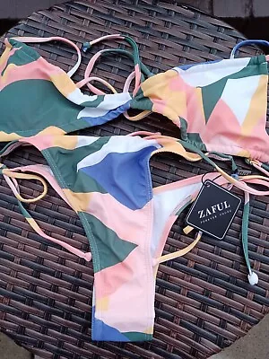 Zaful Bowknot Colorblock Tie Side String Bikini Swimwear Size 8 • £12.99