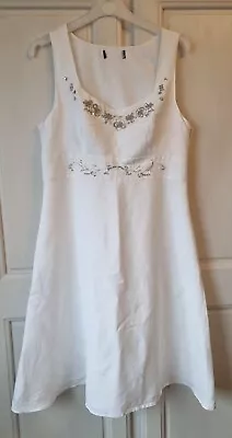 Whife Linen Mix Summer Dress With Bead Detail • £5