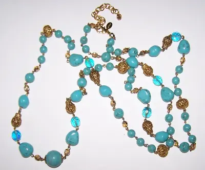 $6.50 • Buy Joan Rivers Faux Turquoise Aurora Borealis GlassBead Gold Tone Long Necklace 50 