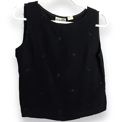 Paul Harris Design Cropped Tank Top Blouse Womens M Black Embroidered Floral Y2K • £10.46