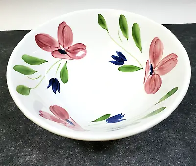 RARE Vintage La Primula Floral Serving Bowl 10  White With Pink Blue Ribbed Side • $24