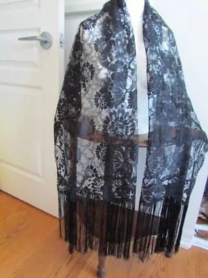 Black Floral Lace Mantilla Antique Vintage Church Scarf Wrap Mourning Veil  • $56.15