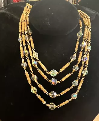 Lovely Vintage Vendome Textured Goldtone & Crystal Multi Strand Necklace • $80