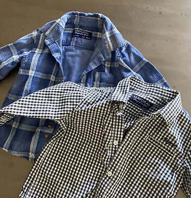 Lot Of 2 Baby Boy Dress Shirts MAYORAL SPAIN PLAID  LONG SLEEVE BUTTON DOWN 6 M • $13.95