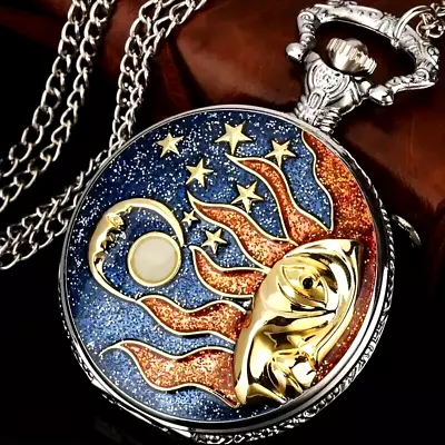 Moon Sun Star Embossed Quartz Pocket Watch Vintage Necklace Chain Watch Gift • $28.98